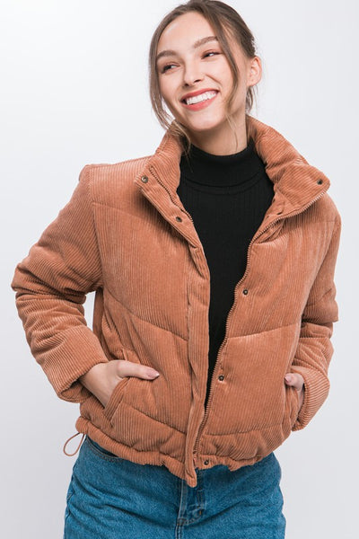 Corduroy Puffer Jacket with Toggle Detail